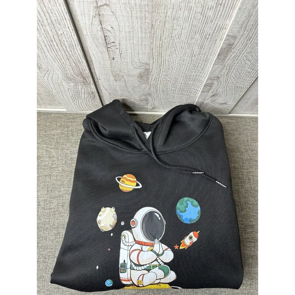 Womens Small Black Outer Space Astronaut Planets Rocket Hoodie Sweatshirt Pocket - Picture 3 of 4
